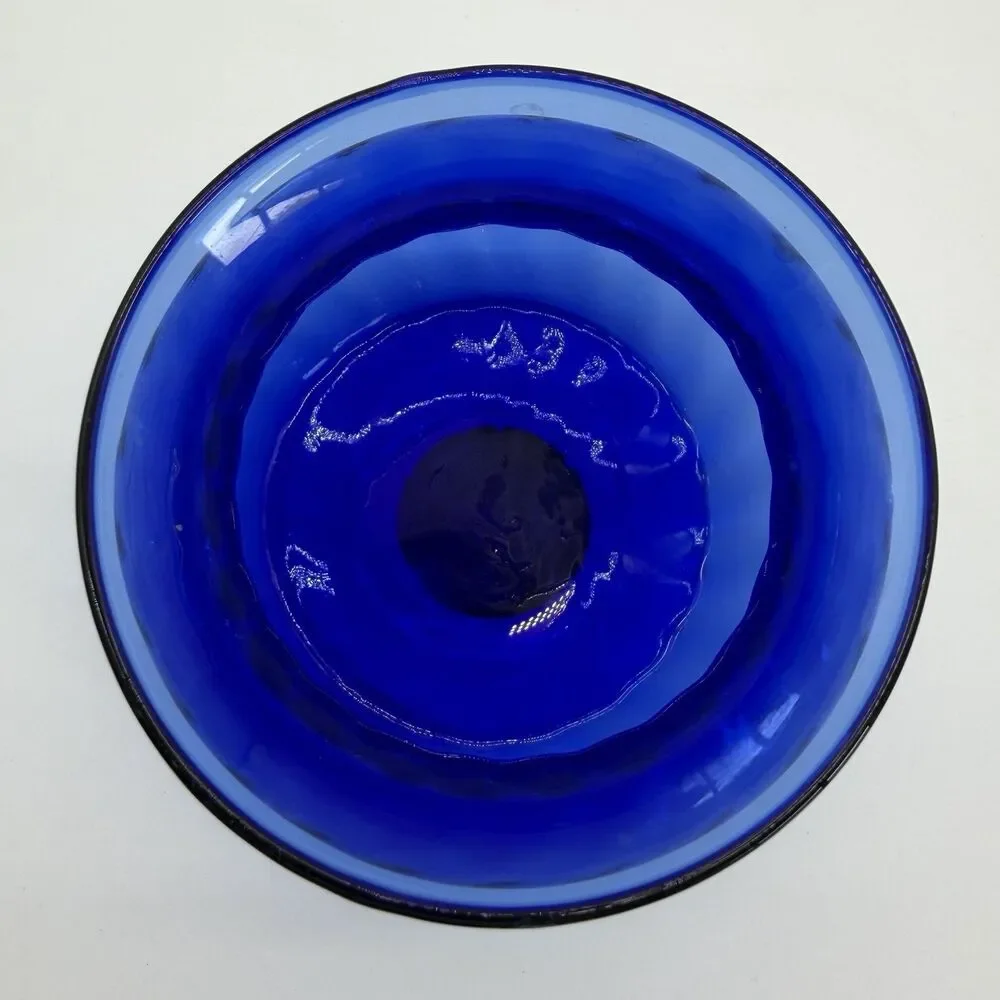 Vintage Cobalt Blue Wide Mouth Glass Vase Swirls 4